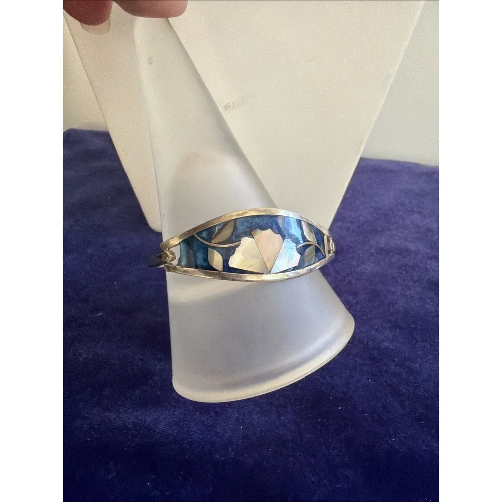 Sterling Silver 925 Abalone Blue Floral Bangle Bracelet Taxco Mexico